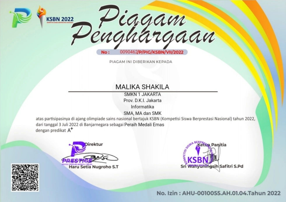 Top 1 - National Science Olympiad (Informatics) Certificate 2