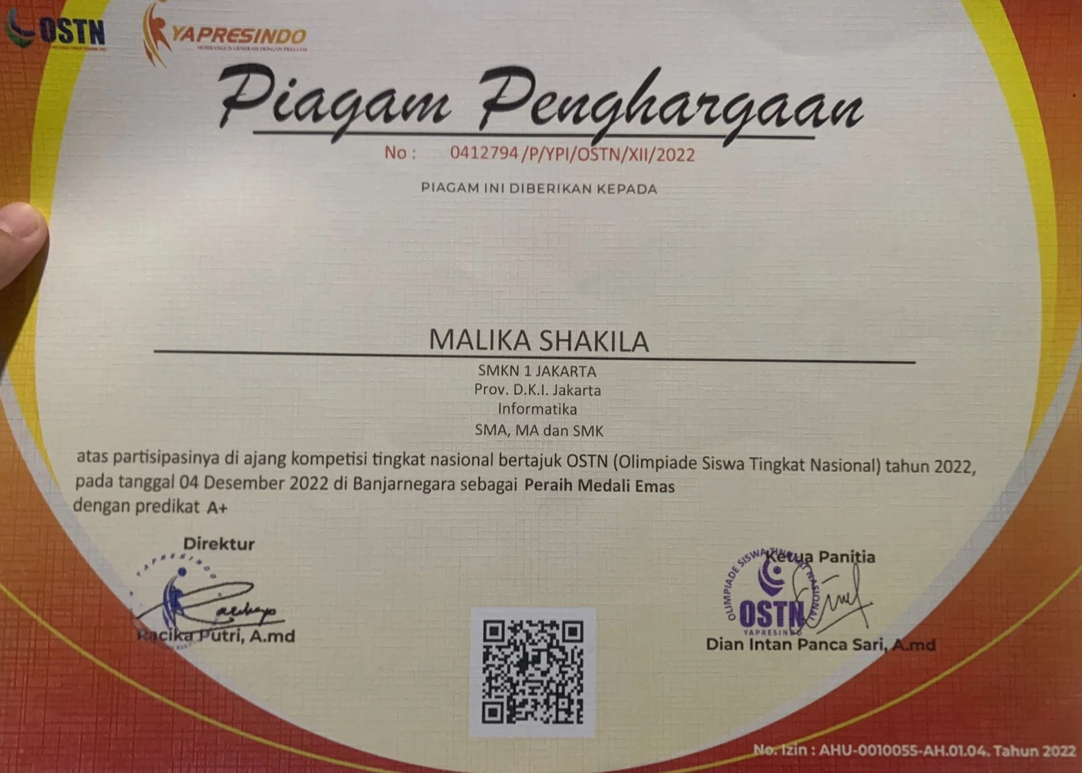 Top 1 - National Science Olympiad (Informatics) Certificate 3